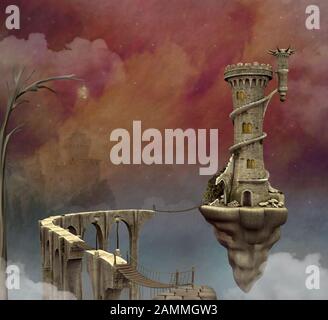Fantasy battenti torre e un lungo ponte sopra le nuvole nel cielo viola scenario Foto Stock