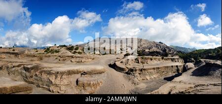 Panorama dei vulcani del Monte Bromo nel Parco Nazionale Di Bromo Tengger Semeru, Giava Orientale, Indonesia Foto Stock