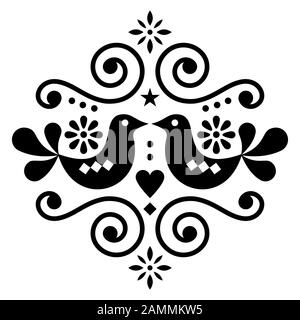Design vettoriale scandinavo con motivi floreali e folk art, grazioso modello nordico con uccelli in nero su sfondo bianco Illustrazione Vettoriale