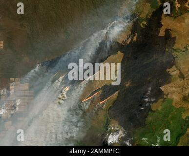 Bolivia - Agosto 2019 - l'immagine satellitare mostra gli incendi attivi si possono vedere vicino al confine tra Bolivia, Paraguay e Brasile. (Si noti che quest'area non si trova nella Foto Stock