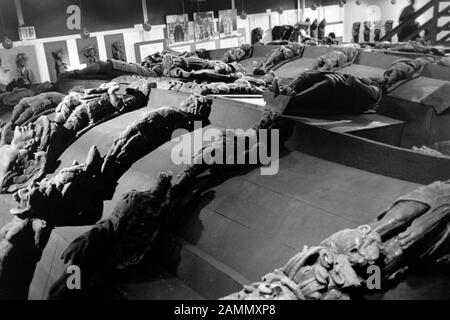 Das rack der Vasa in der damaligen Ausstellungshalle auf Beckholmen, geschnitzte Holzfiguren vom Heck, 1969. Il Relitto della nave Vasa nella sala espositiva del tempo su Beckholmen, scolpito figure di legno dalla poppa della nave, 1969. Foto Stock