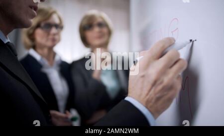 Reparto marketing lavorando su una nuova strategia, scrivendo idee a bordo, pianificazione Foto Stock