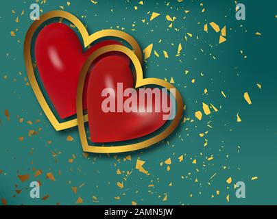 2 cuore rosso realistico per il design decorativo. San Valentino amore sfondo rosso. Invito, biglietto di auguri. Vettore realistico. Telaio cuore d'amore. Illustrazione Vettoriale