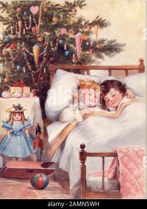 Cartolina di auguri di Natale originale e carina tradizionale dei bambini, nascosta nel letto la mattina di Natale con regali e alberi, olietta originale, risalente al 1900 circa in Inghilterra, Regno Unito Foto Stock