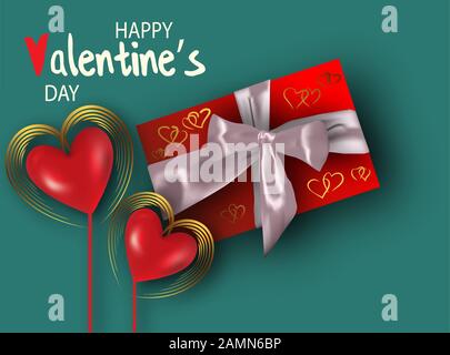 Buon giorno di San Valentino. Coppia di San Valentino. Cuore rosso realistico in una cornice metallica. Scatola regalo in fiocco in raso realistico. Biglietto d'auguri, poster regalo, banner vacanza Illustrazione Vettoriale