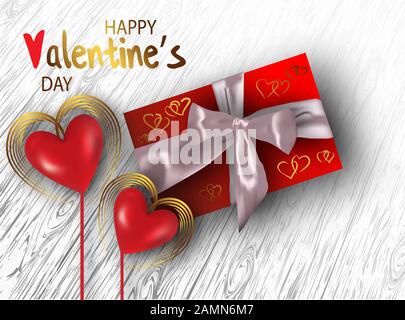 Buon giorno di San Valentino. Coppia di San Valentino. Cuore rosso realistico in una cornice metallica. Scatola regalo in fiocco in raso realistico. Biglietto d'auguri, poster regalo, banner vacanza Illustrazione Vettoriale