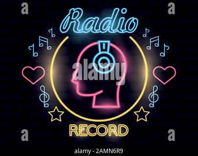 radio music record etichetta neon luci Illustrazione Vettoriale