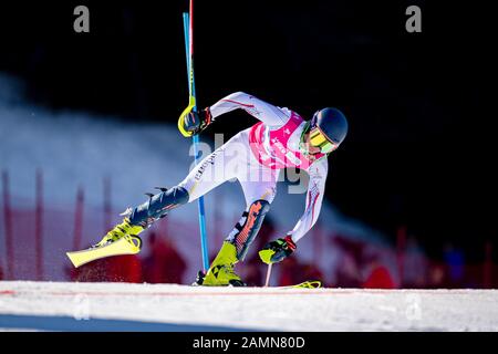 LOSANNA, SVIZZERA. 14th, gennaio 2020. Acosta Ty (AND) compete nello sci alpino Slalom Run 1 maschile durante i Giochi Olimpici giovanili di Losanna 2020 presso il Centro Alpino Les Diablerets martedì 14 gennaio 2020. LOSANNA, SVIZZERA. Credito: Taka G Wu/Alamy Live News Foto Stock