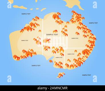 Mappa dell'Australia con simboli di incendi boschivi stagionali incendi boschivi secchi che bruciano il riscaldamento globale disastro naturale concetto piatto vettore illustrazione Illustrazione Vettoriale