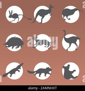 set cartone animato in via di estinzione animali australiani selvatici tasmanian diavolo echidna dingo jerboa ostrich kiwi platypus koala kangaroo simboli collezione fauna specie fauna concetto piatto vettore illustrazione Illustrazione Vettoriale