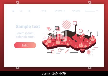 Mappa dell'Australia con ostriches che corrono da animali a rischio di animali in via di estinzione nel fuoco selvatico naturale concetto di disastro arancione intenso fiamme copia spazio orizzontale vettore illustrazione Illustrazione Vettoriale