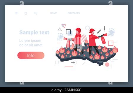 Vigili del fuoco estinzione pericoloso incendio selvatico sulla mappa Australia con simboli fuoco bushFire stagionali incendi selvatici riscaldamento globale disastro naturale concetto arancione fiamme icone orizzontale copia spazio immagine vettoriale Illustrazione Vettoriale