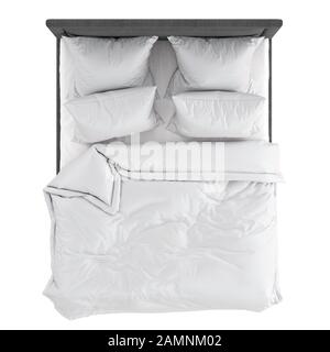 Letto matrimoniale grigio morbido con tappezzeria in tessuto e biancheria da letto bianca su sfondo bianco. rendering 3d. Foto Stock
