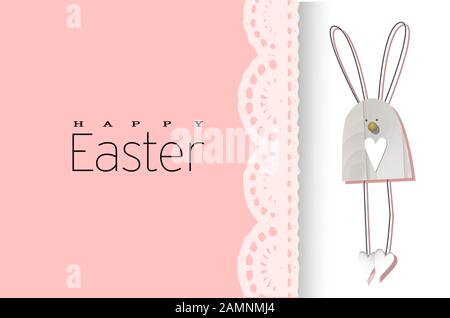 Sfondo di pasqua. Festosa composizione disegno vista dall'alto. coniglietti. Decorazione di pizzo. Felice Pasqua. Banner orizzontale, cartolina, flyer. Biglietto di auguri Illustrazione Vettoriale