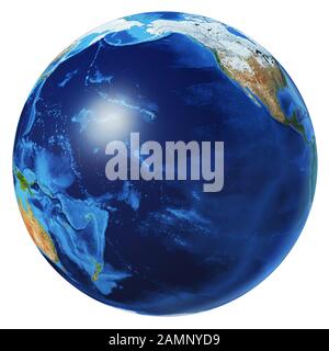 Immagine 3d fotorealistica del globo terrestre, su sfondo bianco. Vista Oceano Pacifico. Senza nuvole. (Mappe originali fornite dalla NASA). Foto Stock