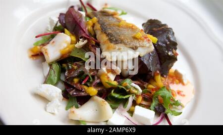 Un ristorante piatto principale di branzino e calamari con insalata mista di foglie e di formaggio feta. Foto Stock