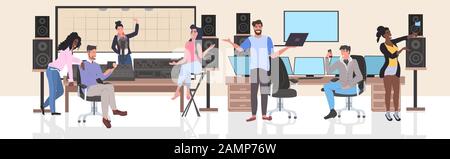mix razza persone che si esibiscono in studio di registrazione uomini donne utilizzando gadget digitali social network comunicazione full-length orizzontale vettore illustrazione Illustrazione Vettoriale