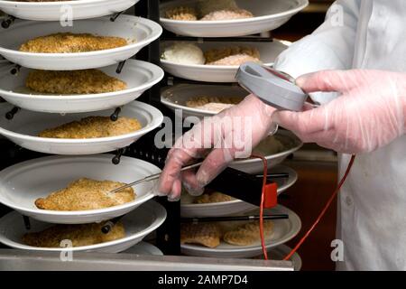 La sicurezza alimentare ispettore misura la temperatura di pietanze cucinate con una sonda del termometro. Foto Stock