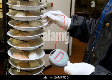 La sicurezza alimentare ispettore misura la temperatura di pietanze cucinate con una sonda del termometro. Foto Stock