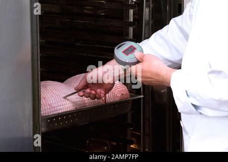 La sicurezza alimentare ispettore utilizzando una sonda termometro per misurare la temperatura del cibo. Foto Stock