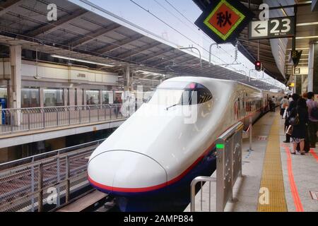 TOKYO, Giappone - 4 Maggio 2012: scheda di viaggiatori Shinkansen Hayate con il treno alla Stazione di Tokyo. Hayate ha la massima velocità operativa di 275km/h ed è tra le più veloci t Foto Stock