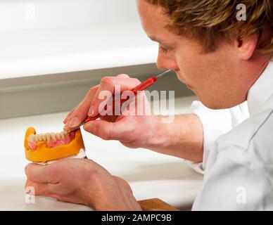 Dentista, tecnologia dentale, modellizzazione su protesi parziali a mascelle inferiori con cera, Germania Foto Stock