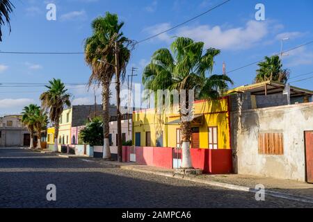 Case colorate e palme su una strada, Palmeira, Sal Island, Capo Verde Foto Stock