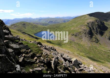 Vista Su Grisedale Tarn E La Catena Montuosa Di Helvellyn, La Foresta Di Grisedale, Il Lake District National Park, Cumbria, Inghilterra Foto Stock