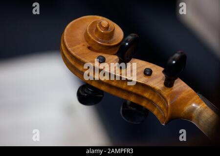 Close-up shot di scorrere su un violoncello o violino. Foto Stock