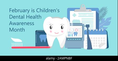 Mese Di Consapevolezza della salute dentale dei bambini nel vettore di concetto di febbraio. National Dental Hygiene Mese, settimana, giorno. Piccolo dentista pulizia dente carino a. Illustrazione Vettoriale