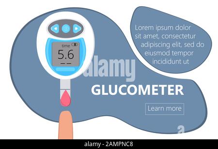 Glucometro per misurare il livello di zucchero dei diabetici. Misuratore di glucosio di anima, medici piccoli. Diabete di tipo 2 e concetto di produzione di insulina Illustrazione Vettoriale
