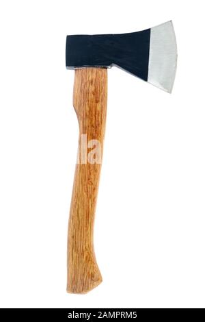 Piccola mano ax con manico in legno isolato su sfondo bianco Foto Stock