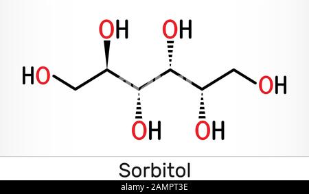 Sorbitolo, molecola di glucitolo. È alcol poliidrico dal gusto dolce. Formula chimica scheletrica. Illustrazione Foto Stock