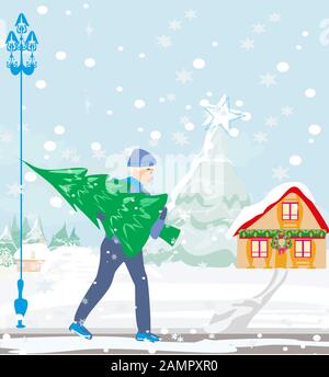 Uomo che porta albero di Natale Foto Stock