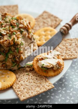 Fatto in casa cheddar vegano con dadi, servita con cracker. Foto Stock