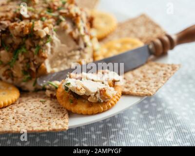 Fatto in casa cheddar vegano con dadi, servita con cracker. Foto Stock
