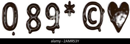 Tipo di cibo con font al cioccolato per un design dolce. 3d resa di numeri e segni realizzati con delizioso cioccolato fondente. Foto Stock