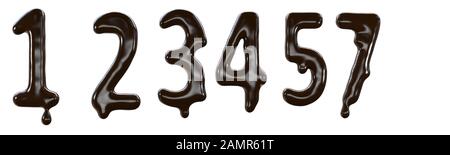 Tipo di cibo con font al cioccolato per un design dolce. 3d rendering di numeri realizzati con delizioso cioccolato fondente. Foto Stock