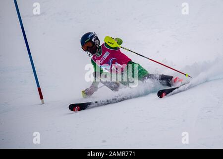 Losanna, Svizzera. 14th Gen 2020. RATELEKI Thabo (RSA) compete nello sci alpino Slalom Run 2 maschile durante i Giochi Olimpici Giovanile di Losanna 2020 presso il Centro Alpino Les Diablerets martedì 14 gennaio 2020. LOSANNA, SVIZZERA. Credito: Taka G Wu/Alamy Live News Foto Stock