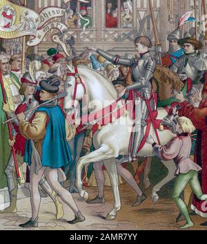 Joan O ARC (c 1412-1431) il soldato eroico francese ha mostrato di entrare a Orleans Foto Stock