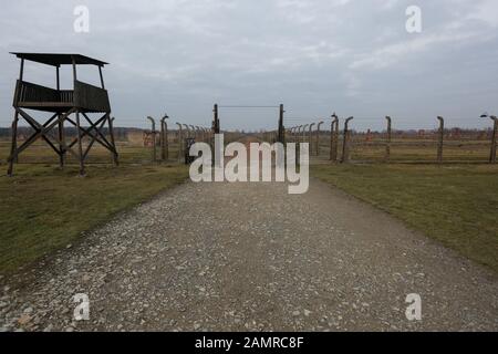 Auschwitz, POLONIA - 20 dicembre 2019: Torri di avvistamento al campo di concentramento di Auschwitz (Konzentrationslager Auschwitz) Foto Stock