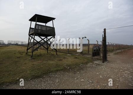 Auschwitz, POLONIA - 20 dicembre 2019: Torri di avvistamento al campo di concentramento di Auschwitz (Konzentrationslager Auschwitz) Foto Stock