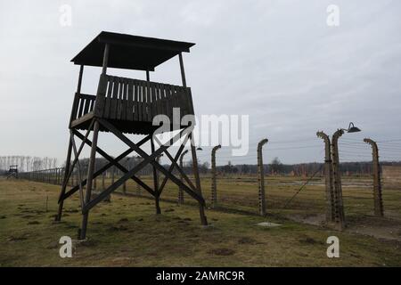 Auschwitz, POLONIA - 20 dicembre 2019: Torri di avvistamento al campo di concentramento di Auschwitz (Konzentrationslager Auschwitz) Foto Stock