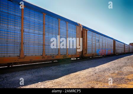 Amtrak e Ferromex diesel locomotive che trasportano veicoli messicani made oltre il confine negli Stati Uniti a Nogales AZ Foto Stock