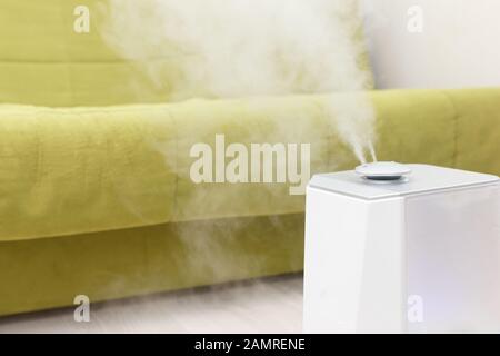 l'umidificatore funziona nella stanza intorno con il divano verde. Sistemi climatici. Concetto di microclima domestico. Spazio per il testo Foto Stock