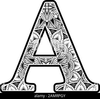 lettera maiuscola a con ornamenti floreali astratti in bianco e nero. design ispirato allo stile d'arte mandala per la colorazione. Isolato su sfondo bianco Illustrazione Vettoriale