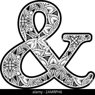 simbolo e commerciale con ornamenti di fiori astratti in bianco e nero. design ispirato allo stile d'arte mandala per la colorazione. Isolato su sfondo bianco Illustrazione Vettoriale