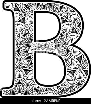 lettera maiuscola b con ornamenti di fiori astratti in bianco e nero. design ispirato allo stile d'arte mandala per la colorazione. Isolato su sfondo bianco Illustrazione Vettoriale