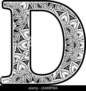 lettera maiuscola d con ornamenti di fiori astratti in bianco e nero. design ispirato allo stile d'arte mandala per la colorazione. Isolato su sfondo bianco Illustrazione Vettoriale