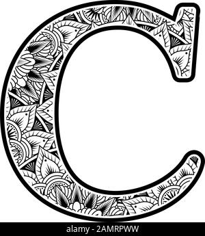 lettera maiuscola c con ornamenti di fiori astratti in bianco e nero. design ispirato allo stile d'arte mandala per la colorazione. Isolato su sfondo bianco Illustrazione Vettoriale